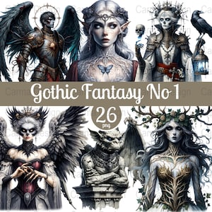 Può includere: Una collezione di arte digitale intitolata "Gothic Fantasy No 1" con vari personaggi fantasy. Le immagini includono un angelo alato, una donna con una farfalla sul petto e una statua di gargoyle. La collezione include 26 immagini PNG.