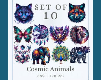 Cosmic Animal Clipart, Space Animals, Digital Art, Fantasy Creatures, Animal Art, Digital Download, Commercial Use, Colorful Animals, PNG