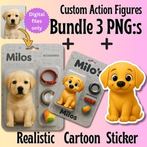 Custom Action Figure Dog Bundle – Personalized Puppy Gift - Realistic + Cartoon Blister-Pack, Custom Dog Name + Sticker, Digital Download
