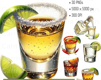 Tequila Shots Clipart Bundle PNG, Margarita Shot Glasses, Lime Tequila Drink Sublimation Designs, Transparent Background, Instant Download