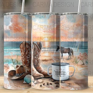 Coffee Coastal Cowgirl PNG, 20oz Tumbler Sublimation Design, Beach Western Sunset Clipart, Coffee Cowgirl Summer Wrap 300 DPI