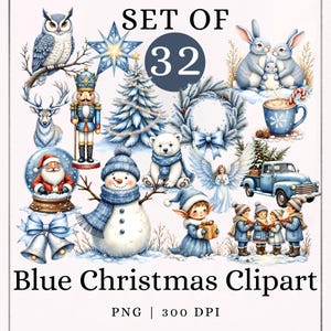Könnte beinhalten: Eine Sammlung von 32 blauen Weihnachtskunst-Clipart-Bildern. Die Illustrationen umfassen eine Eule, ein Reh, einen Nussknacker, einen Schneemann, einen Eisbären, einen Engel, eine Schneekugel, Hasen, einen Weihnachtsbaum und einen blauen LKW. Der Text lautet "Blue Christmas Clipart".