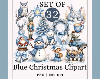 May include: A collection of 32 blue Christmas clipart images. The illustrations include an owl, deer, nutcracker, snowman, polar bear, angel, snow globe, bunnies, Christmas tree, and a blue truck. The text reads "Blue Christmas Clipart".