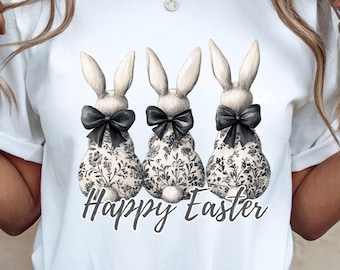 Clipart de conejito de Pascua vintage: PNG floral en blanco y negro (descarga digital)