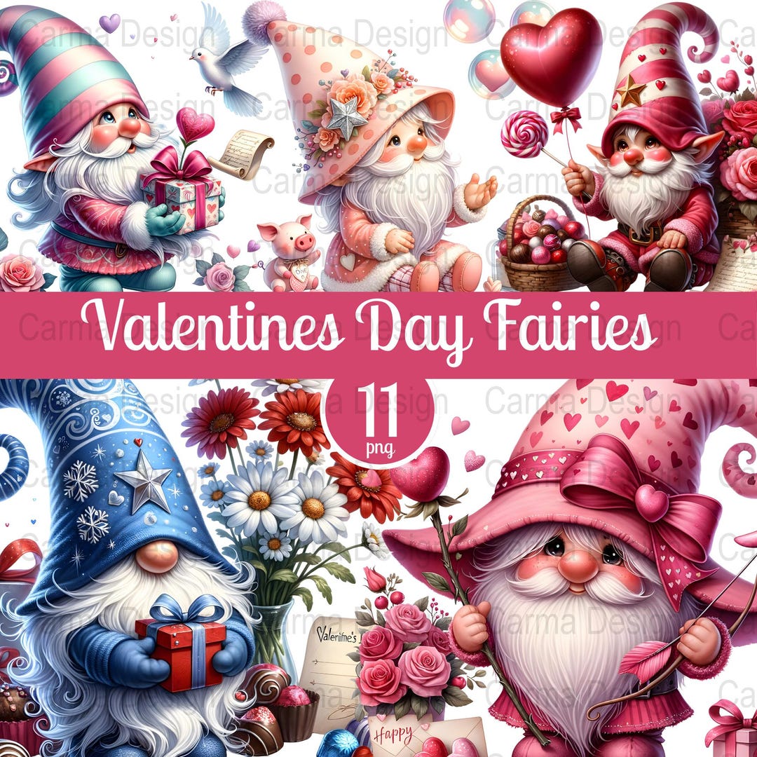 Valentines Day Gnomes Clipart, Gnome PNG Bundle, Cute Gnomes, Valentine ...