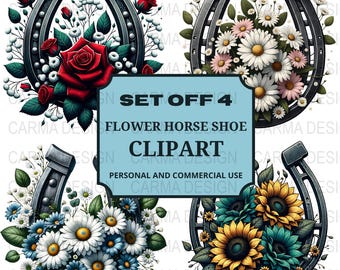 Aquarel bloemen hoefijzer clipart, paardenliefhebber png, hoefijzer bloemen png, hoefijzer png, sublimatie graphics, westerse clipartset