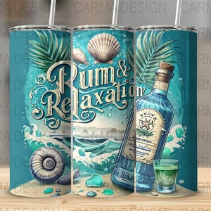 Beach Rum Tumbler Wrap PNG, Rum and Relaxation Sublimation Design, Tropical Summer Drink Wrap, Ocean Shell Palm Coastal Tumbler Art