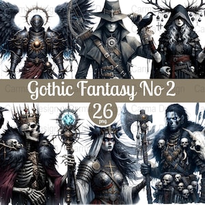 May include: Digital art featuring a collection of gothic fantasy characters. The image includes figures in armor, cloaks, and crowns, with dark wings, a raven, and a skull. The text "Gothic Fantasy No 2" and "26 png" is also present.