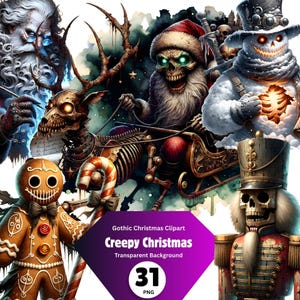 Creepy Christmas Clipart Bundle, 31 Horror Christmas PNG, Evil Santa, Gingerbread Man, Nutcracker, Snowman, Elf, Gothic Xmas, Commercial Use