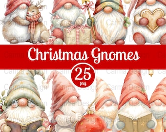Christmas Gnomes Clipart, Digital Gnomes, Holiday Gnomes, Watercolor Gnomes, Gnome PNG, Christmas PNG, 25 PNG Bundle, Commercial Use