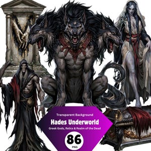 Könnte beinhalten: Eine digitale Sammlung von 86 PNG-Bildern mit einem dreiköpfigen schwarzen Wolf, einer Skelettfigur in dunkler Robe, einer blassen Frau in weißem Kleid, einem Steinmonument mit Händen und einer Truhe. Text: Transparent Background Hades Underworld.
