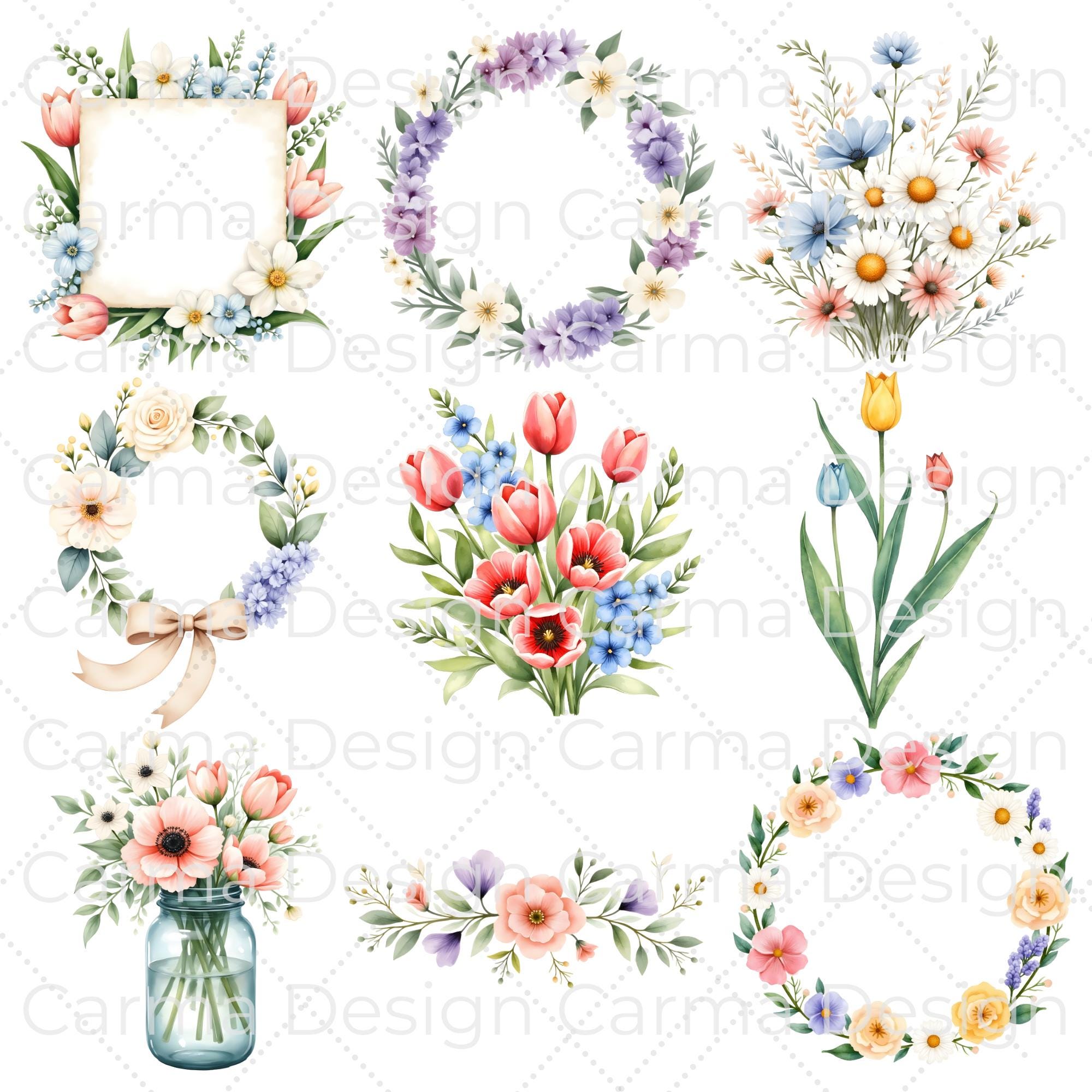 Spring Watercolor Floral Clipart Bundle PNG, Cottagecore Vintage ...