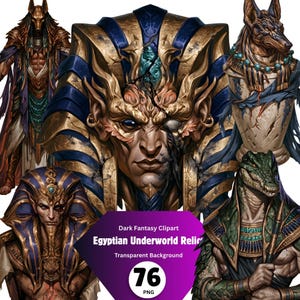Könnte beinhalten: Eine Sammlung digitaler Illustrationen mit ägyptisch inspirierten Figuren, darunter eine zentrale Pharaonenmaske, eine Anubis-ähnliche Gottheit und eine Figur mit Krokodilkopf, mit dem Text Dark Fantasy Clipart Egyptian Underworld Relics.