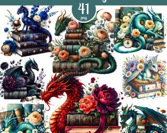 Fantasy Buch Drachen Clipart Bundle: Blumen lesen Drachen, hohe Auflösung PNG, 5000x5000 px, 300 DPI