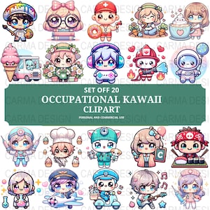 Kawaii Occupation Clipart Bundle, 20 Cute Profession PNGs, Chibi Career Characters, Digital Download, Commercial Use, 300 DPI transparent