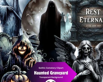May include: A digital collection of 48 Gothic cemetery clipart images featuring a hooded grim reaper with a scythe, a dark cloaked figure, a tombstone labeled REST ETERNAL, a glowing jack-o'-lantern, and a stone angel statue with wings.