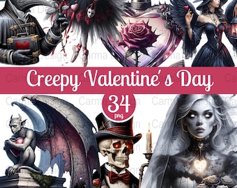 Clipart inquietanti per San Valentino, pacchetto PNG di San Valentino gotico, arte digitale dark romance, grafica emo per San Valentino, clipart d'amore alternative
