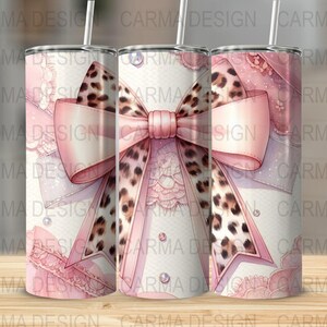 Tumbler wrap met roze luipaardstrik: glamkant glitter, png (digitale download)