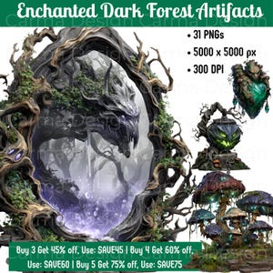 Puede incluir: Ilustración digital con temática de bosque oscuro encantado. La imagen incluye un portal con un dragón, un objeto en forma de corazón, una linterna y setas. El texto dice "Enchanted Dark Forest Artifacts" y detalles sobre la imagen.