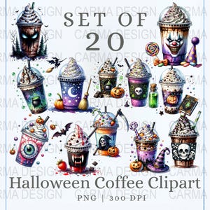 Halloween Coffee Clipart Set, Scary Gothic Watercolor Hot Coffee Drink Clipart Bundle, Spooky Season PNG, Pumpkin Designs Instant Download