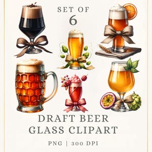 May include: Set of six draft beer glass clipart illustrations. The image features various beer glasses, including a dark stout in a stemmed glass with a bow, a tall pilsner, and a large mug. The text "DRAFT BEER GLASS CLIPART" is also included.