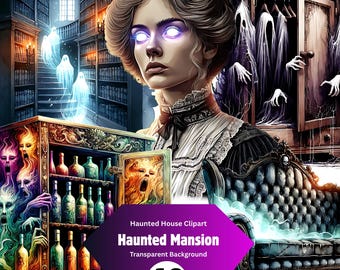 May include: A digital collection of 48 haunted mansion themed clipart images featuring a person with glowing eyes, a library with ghosts, a cabinet filled with colorful bottles and screaming faces, a wardrobe with spectral figures, and a dark sofa.