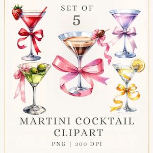 Martini Glass Clipart With Bows, 5 Watercolor Cocktail PNG, Coquette Drink Graphics, Bachelorette Bridal Shower Sublimation, Commercial Use