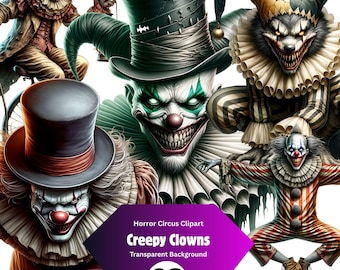 Creepy Clowns Clipart Bundle, 82 Horror Clown PNG, Evil Jester, Scary Circus, Killer Clown, Halloween Sublimation, Dark Art, Commercial Use