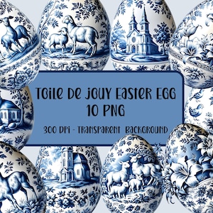 Elegantes gráficos de huevos de Pascua en Toile de Jouy, 10 PNG de alta resolución con fondo transparente de 300 DPI, paquete de descarga digital PNG de decoración de Pascua