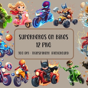 Superhero Digital Art for Kids, PNG Superhero Bike Clipart, Cartoon Superheroes for Sublimation, 12 PNG Downloads