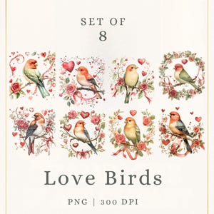 Love Birds Watercolor Clipart, 300 DPI Transparent PNG, 8 pieces Love Bird Budle, Instant Download for Invitations and Scrapbooking