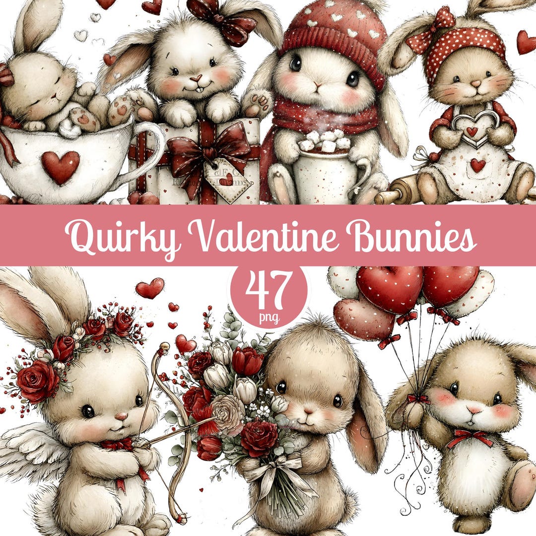 Valentine’s Day Bunny PNG Clipart Set, Whimsical Watercolor Rabbits ...
