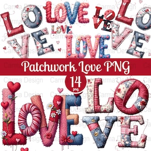 Op de afbeelding: Een digitale afbeelding met het woord "LOVE" in verschillende stijlen. De letters zijn in rood, roze, blauw en grijs, met patchwork en textuurontwerpen. De afbeelding bevat ook de tekst "Patchwork Love PNG" en "14 png".