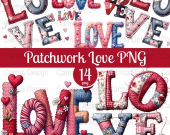 Faux Yarn Patchwork LOVE PNG Clipart Bundle, Digital Patchwork Hearts, Valentine's Day Graphics, , Commercial Use, 300 DPI