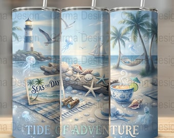 Coastal Beach Tumbler Wrap, sublimatie PNG, 20oz skinny Tumbler Design, Seas the Day digitale download, Summer Beach Design, 300 DPI