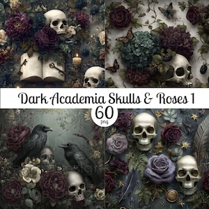 May include: A digital collage featuring skulls, roses, ravens, and butterflies. The image has a dark academia theme, with a color palette of deep reds, purples, and greens. The text "Dark Academia Skulls & Roses 1" is displayed.