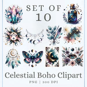 Könnte beinhalten: Eine Sammlung von 10 Aquarell-Clipart-Bildern im Boho-Stil. Die Bilder zeigen einen Kristall, eine Zaubertrankflasche, ein Sonnengesicht, Mondphasen, Federn, Sternbilder, einen Traumfänger, einen Schmetterling, eine Tarotkarte und ein Auge mit Blumen. Der Text lautet "SET OF 10" und "Celestial Boho Clipart".