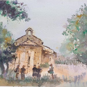 May include: A watercolour painting depicting a group of people walking towards a stone building with a bell tower. The building is surrounded by trees and bushes. The sky is a light blue colour.