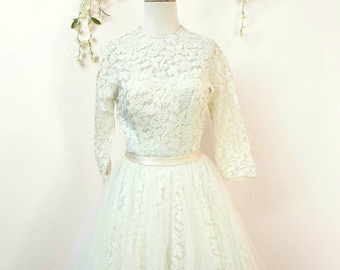 Vintage tea length lace bridal wedding dress