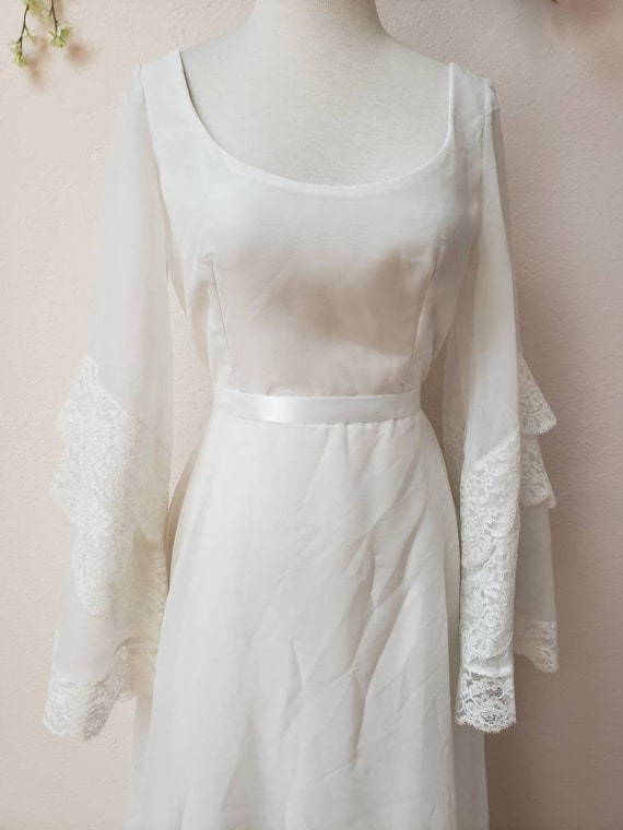 70's vintage bridal gown chiffon lace bell sleeves