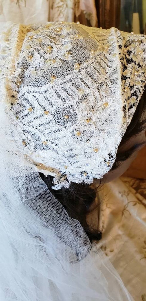 Vintage lace veil bridal veil wedding veil 50's w… - image 2