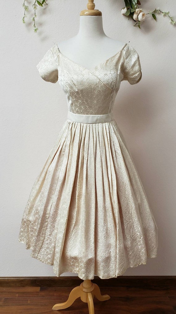 50's tea length cream vintage bridal dress