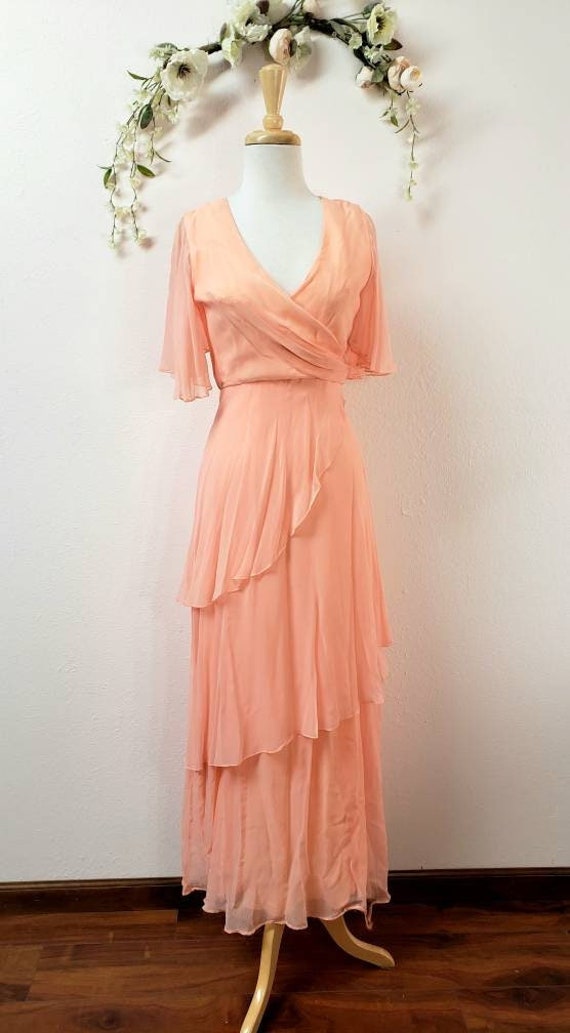 70's peach chiffon vintage bridesmaid gown prom d… - image 1