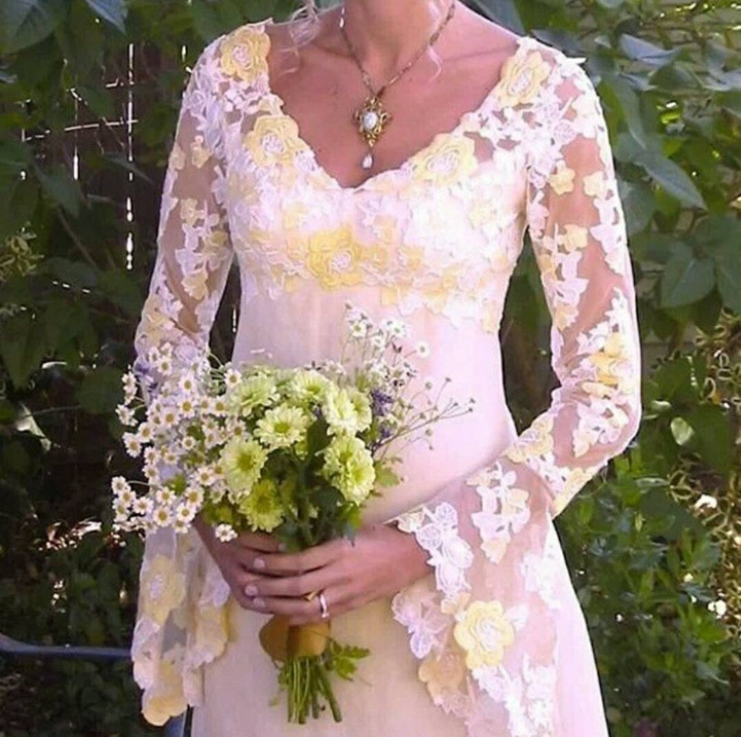 60's Vibrant Yellow Handmade Lace Bell Sleeve Dress