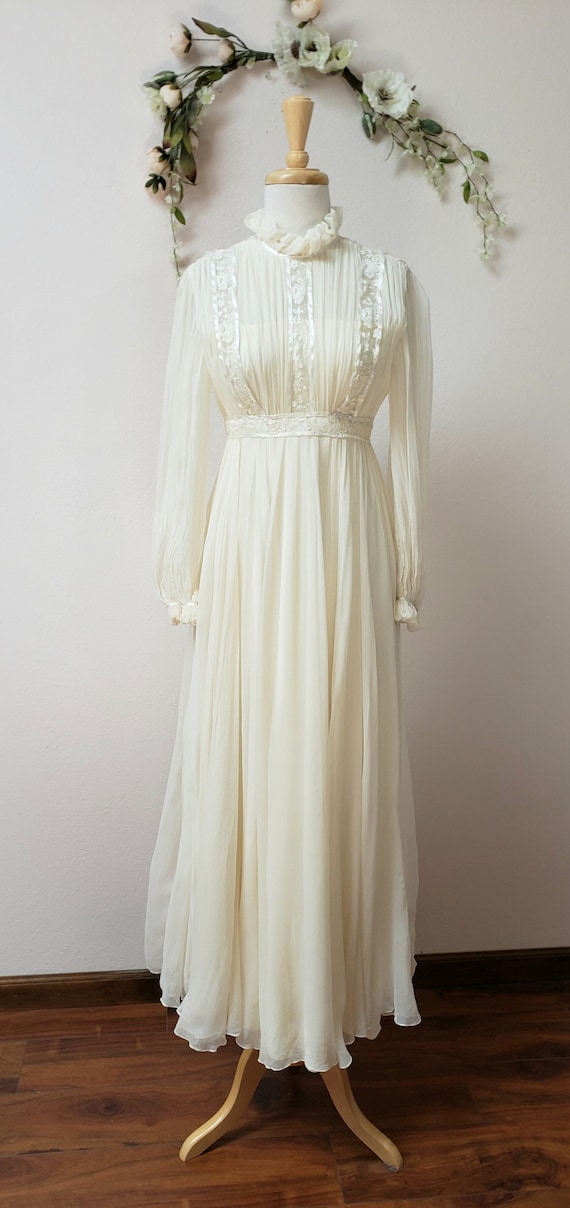 70's vintage bridal wedding dress pleated chiffon