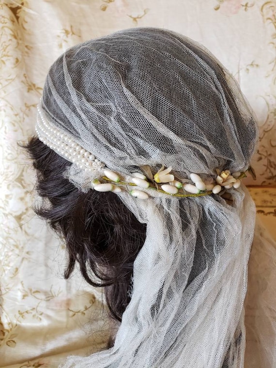 Vintage 1920's bridal veil headpiece waxed orange… - image 3