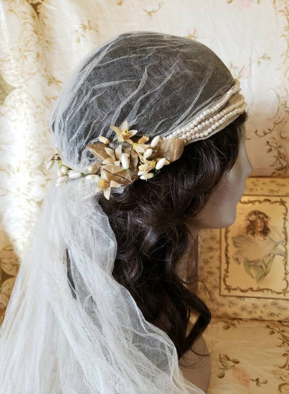 Vintage 1920's bridal veil headpiece waxed orange… - image 2