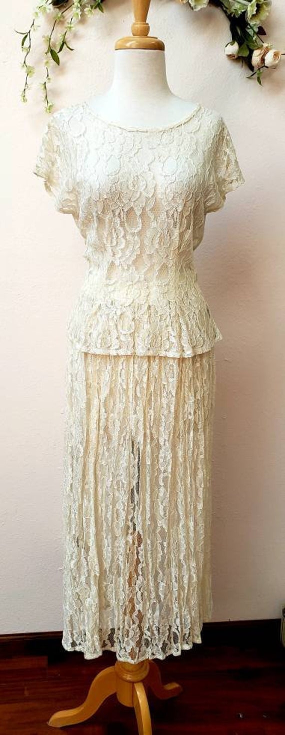 Vintage 80's 2 piece lace skirt and top wedding b… - image 1