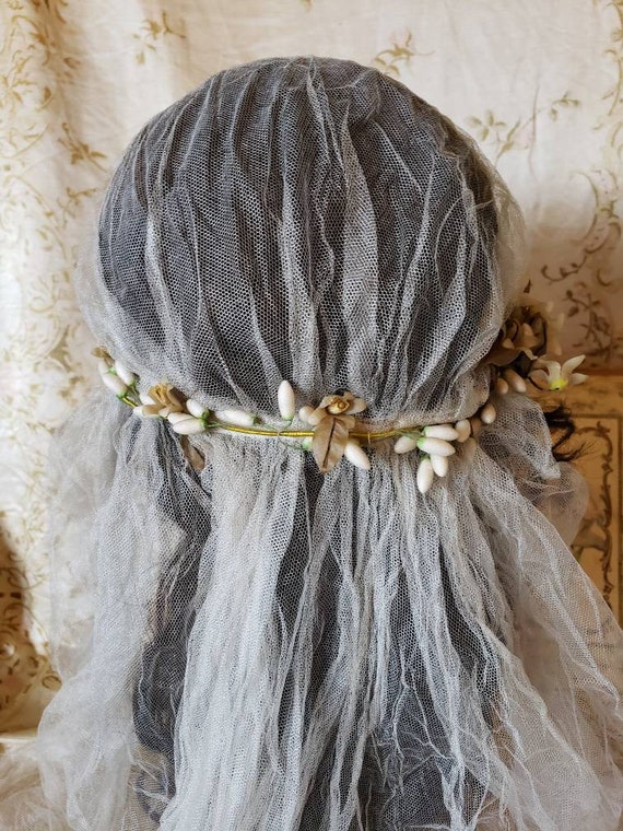 Vintage 1920's bridal veil headpiece waxed orange… - image 5