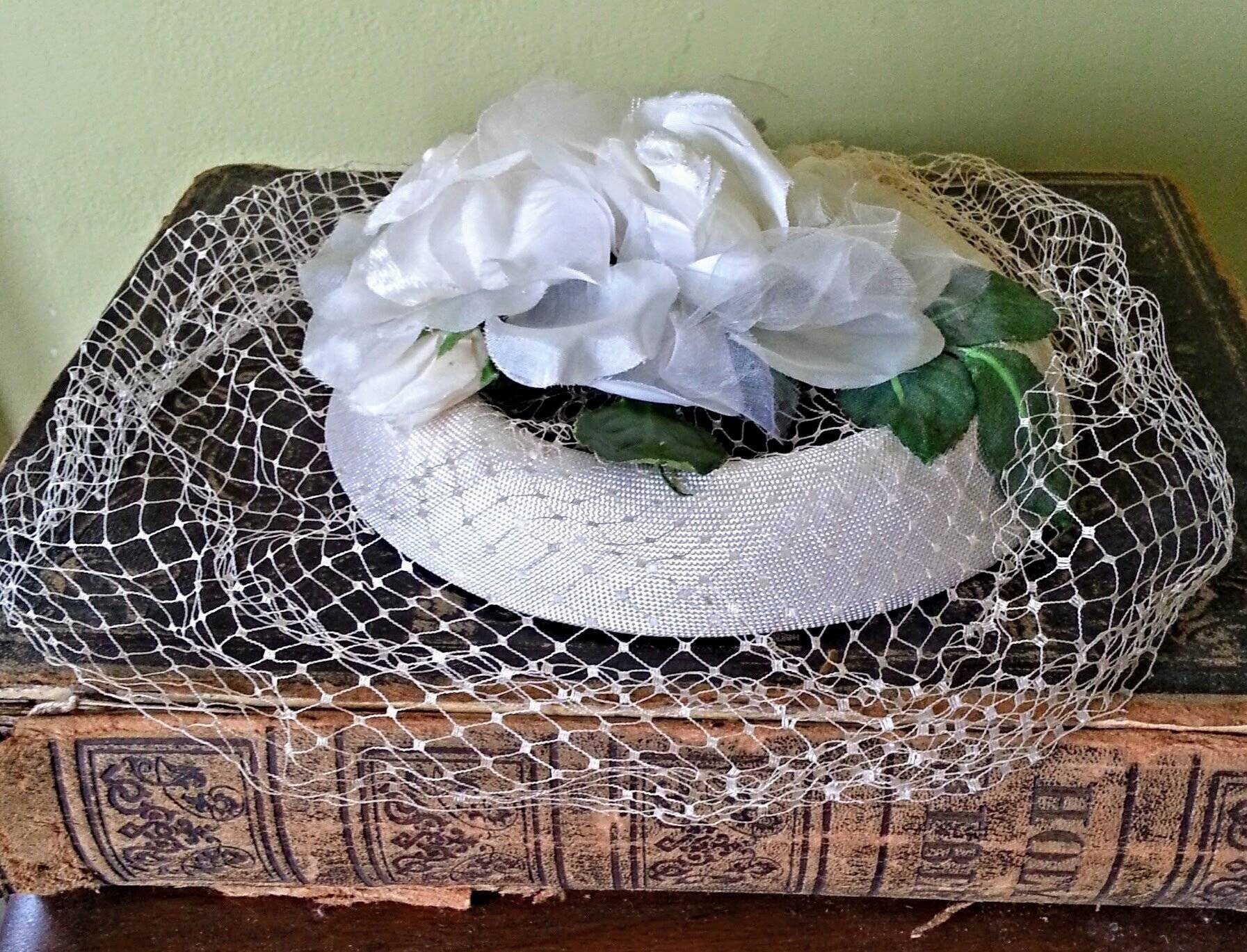 Vintage Bridal Wedding Hairpiece Halo Hat With Veil Flowers 